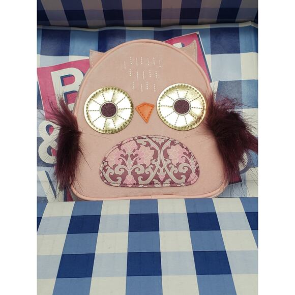 BBW Soft Fuzzy Fur Pink Owl w. Fur Wing Travel Carry All Cosmetic Bag - Picture 3 of 3